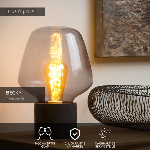 Lucide BECKY - Tischlampe - Ø 20 cm - 1xE27 - Rauchfarbe Grau - USP